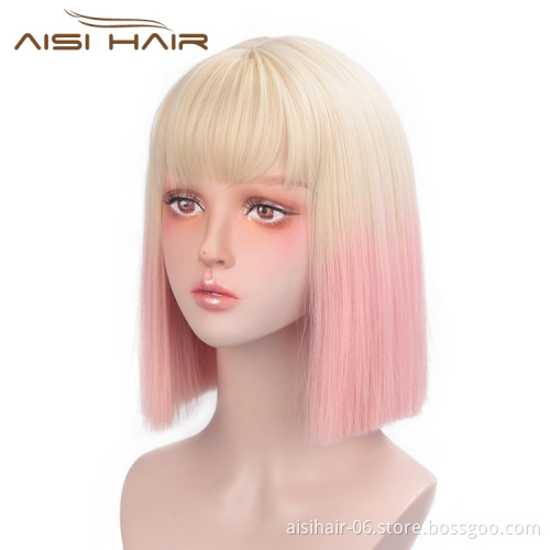 Vendors Short Straight Ombre Blonde Pink High Quality Heat Resistant Short Synthetic Wigs For Black Women